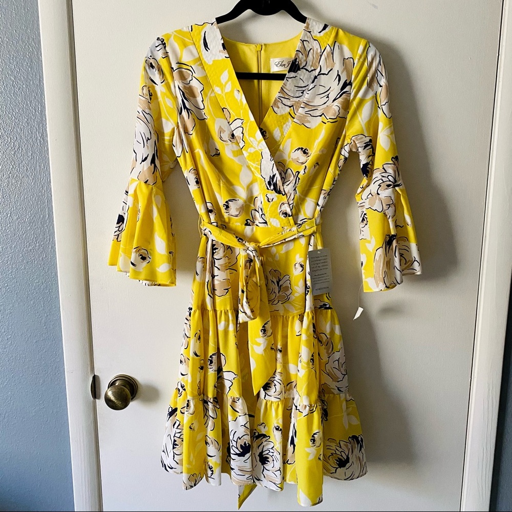 Eliza J Midi Sundress Bright Yellow Floral Pattern Flared Sleeves Tie Waist